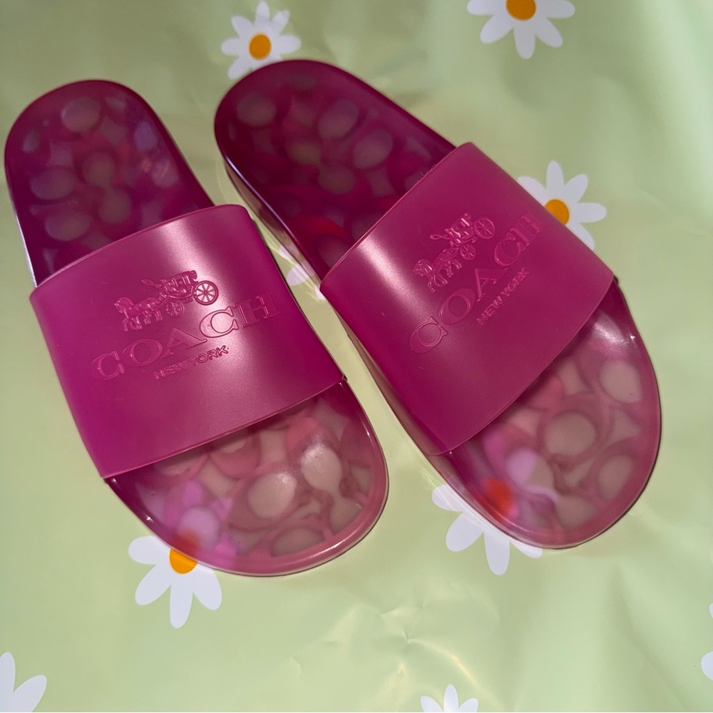 Coach Fuchsia Pink Clear Logo Slide Sandals